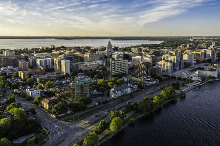 Aerial view of Madison, Wisconsin, at sunset