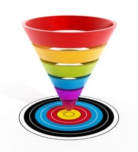 A multicolored funnel consisting of red, orange, yellow, green, blue, and purple segments narrows down to a point and enters a target with concentric circles in black, white, red, blue, and yellow. This visually represents lead magnets filtering prospects through steps leading to a goal.