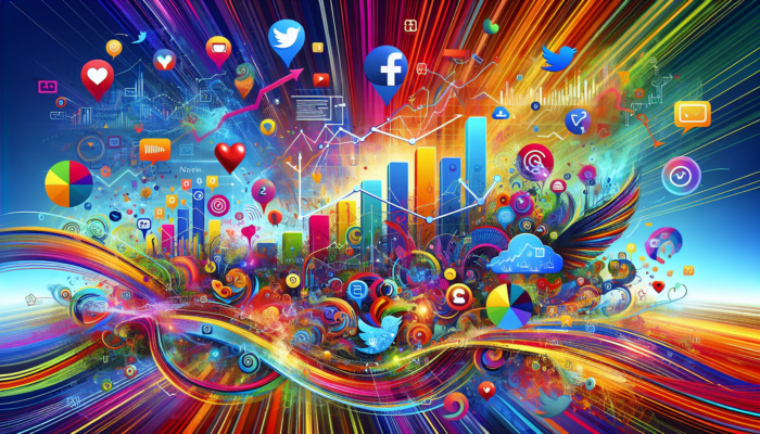 Vibrant digital artwork of social media KPIs and technology icons