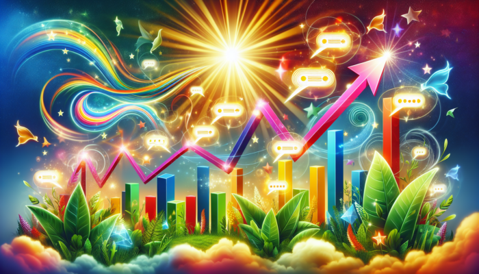 A vibrant, surreal scene featuring a bright sun, colorful rainbow, and abstract speech bubbles over a lush Wisconsin landscape with tall, green plants. The image also includes a bar graph with a zigzagged line, symbolizing growth and communication amidst nature—ideal for Top Marketing Agencies showcasing their best advertising services.