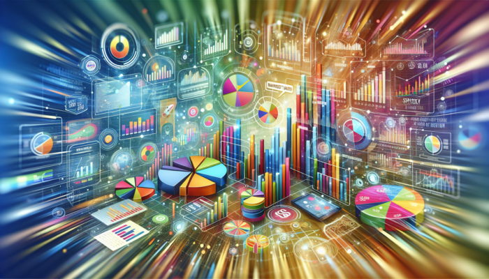 A vibrant, dynamic visualization of various data analytics elements, including bar graphs, pie charts, and line graphs illustrating the marketing budget, all presented in a colorful, abstract, digitally-generated style. The background features blurred lines, giving a sense of motion and complexity.