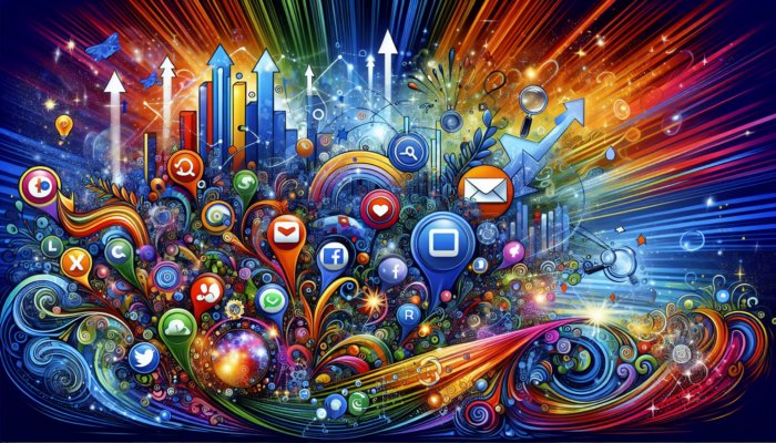 Colorful digital art with social media icons and arrows regarding marketing strategies for franchises.