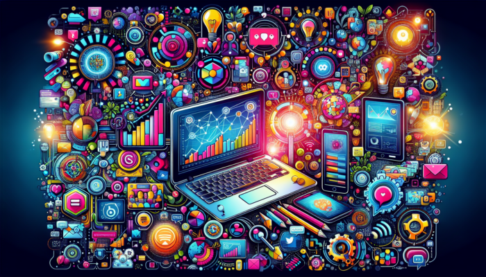 A vibrant digital illustration features a laptop at the center surrounded by a variety of tech gadgets, charts, graphs, icons, and colorful geometric patterns. The image elements represent data, communication, and technology in a dynamic and interconnected way, echoing top marketing agencies' innovative strategies.