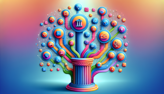 Colorful digital tree with myriad app icons representing marketing pillar content.