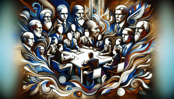 Artistic colorful painting of diverse, stylized people in meeting to represent the VUCA framework for strategic leadership