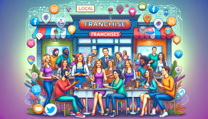 Colorful illustration of diverse people at a franchise cafe regarding local marketing initiatives for franchises.