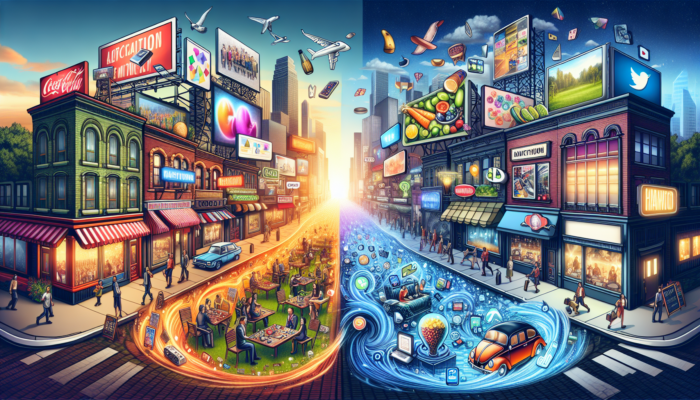 Vibrant city split by digital and traditional worlds