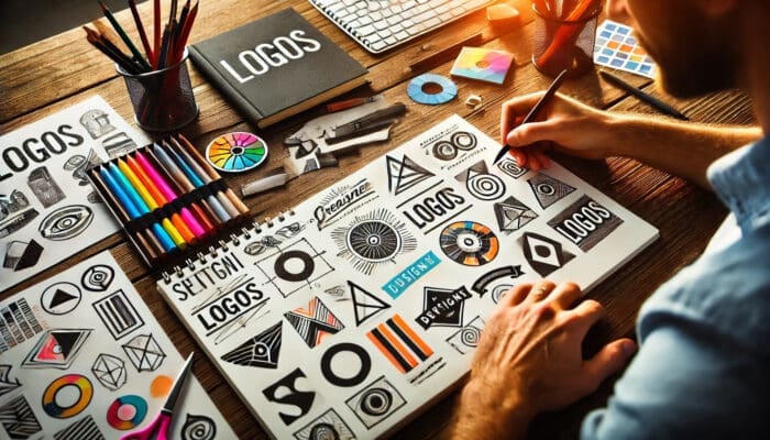 Designer sketching logos with pencils and tools