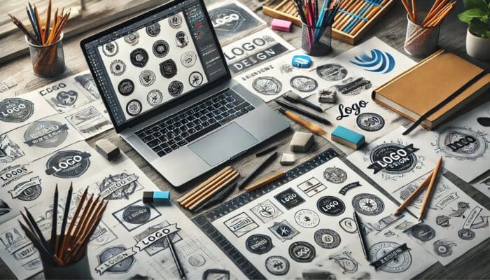 Graphic design workspace with logos and laptop