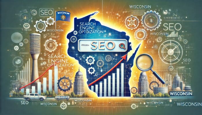 Colorful conceptual SEO graphic with Wisconsin map outline