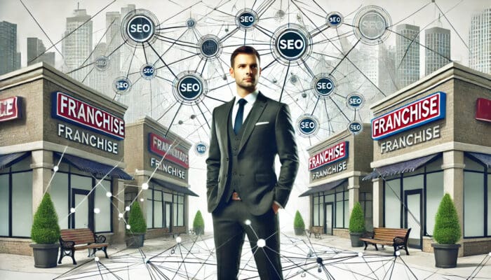 Businessman with SEO networks overlaying urban scene