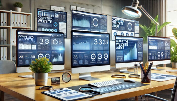 Modern office with multiple screens showing data analytics