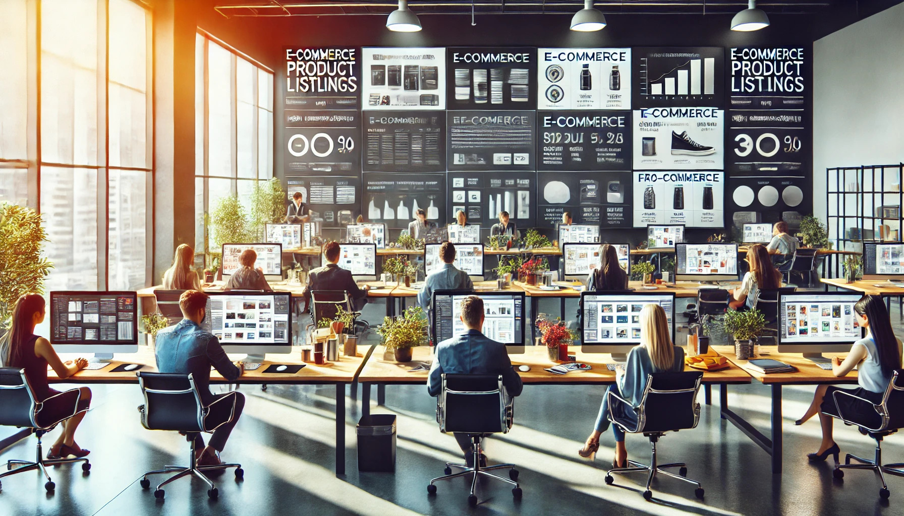 Busy modern office with professionals working on computers to create e-commerce product listings.