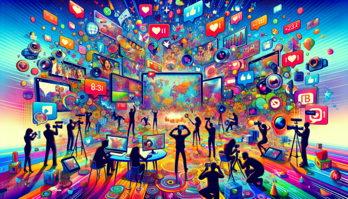 Vibrant digital media and technology collage with people