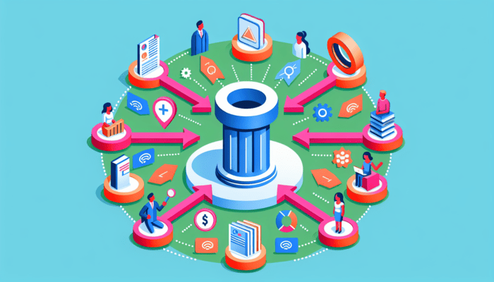 Illustration of diverse people connected by technology representing pillar content.