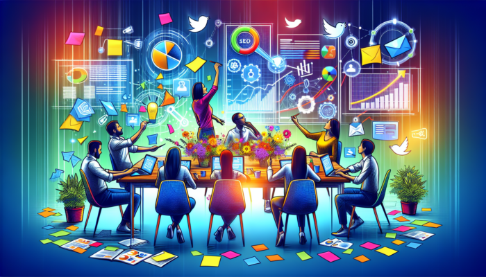 Animated office workers engaging in digital marketing