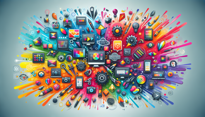 Colorful explosion of diverse digital and artistic icons