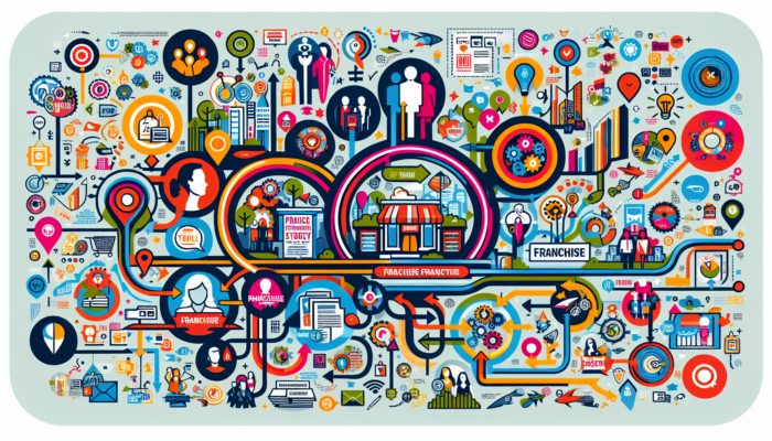 Colorful, intricate business strategy themed illustration regarding franchise marketing strategy