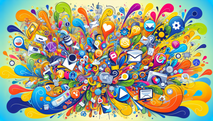 A vibrant and colorful explosion of social media and technology icons, including speech bubbles, envelopes, gears, cameras, and musical notes. Waves and abstract shapes in multiple hues of blue, red, yellow, and green spread out from the center like a visual representation of an effective marketing budget.