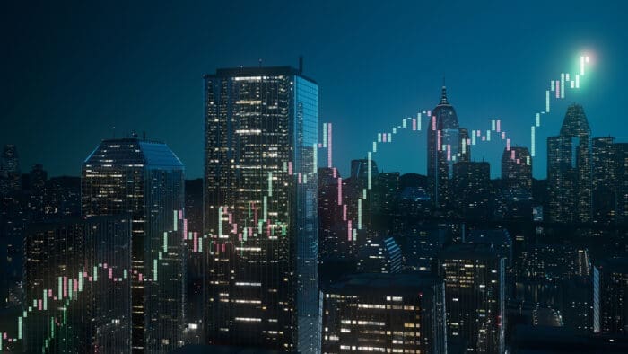 Night skyline with glowing financial growth chart