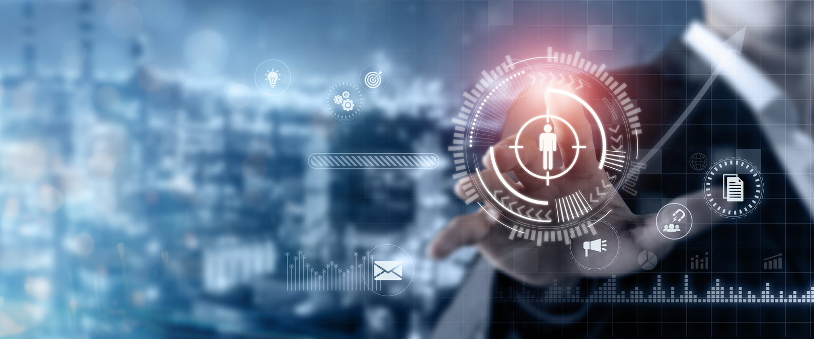 A person in a suit touches a futuristic digital interface with various icons, including mail, documents, and graphs. The background is a blurred image of a modern cityscape, evoking advanced technology and inbound marketing strategies in the realm of data management.