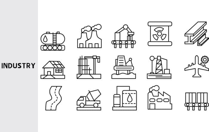 Industry icons including factory, construction, and transportation