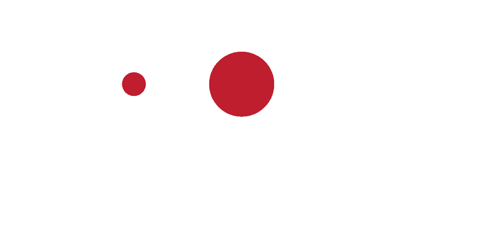 Asymmetric logo with red circles and arrow