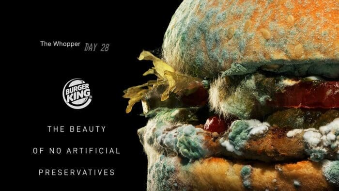 Moldy Burger King Whopper highlighting no preservatives as an example of guerrilla marketing.