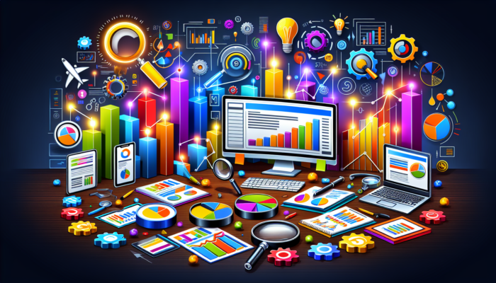 An illustration depicting analytics and reporting tools used in search engine marketing.