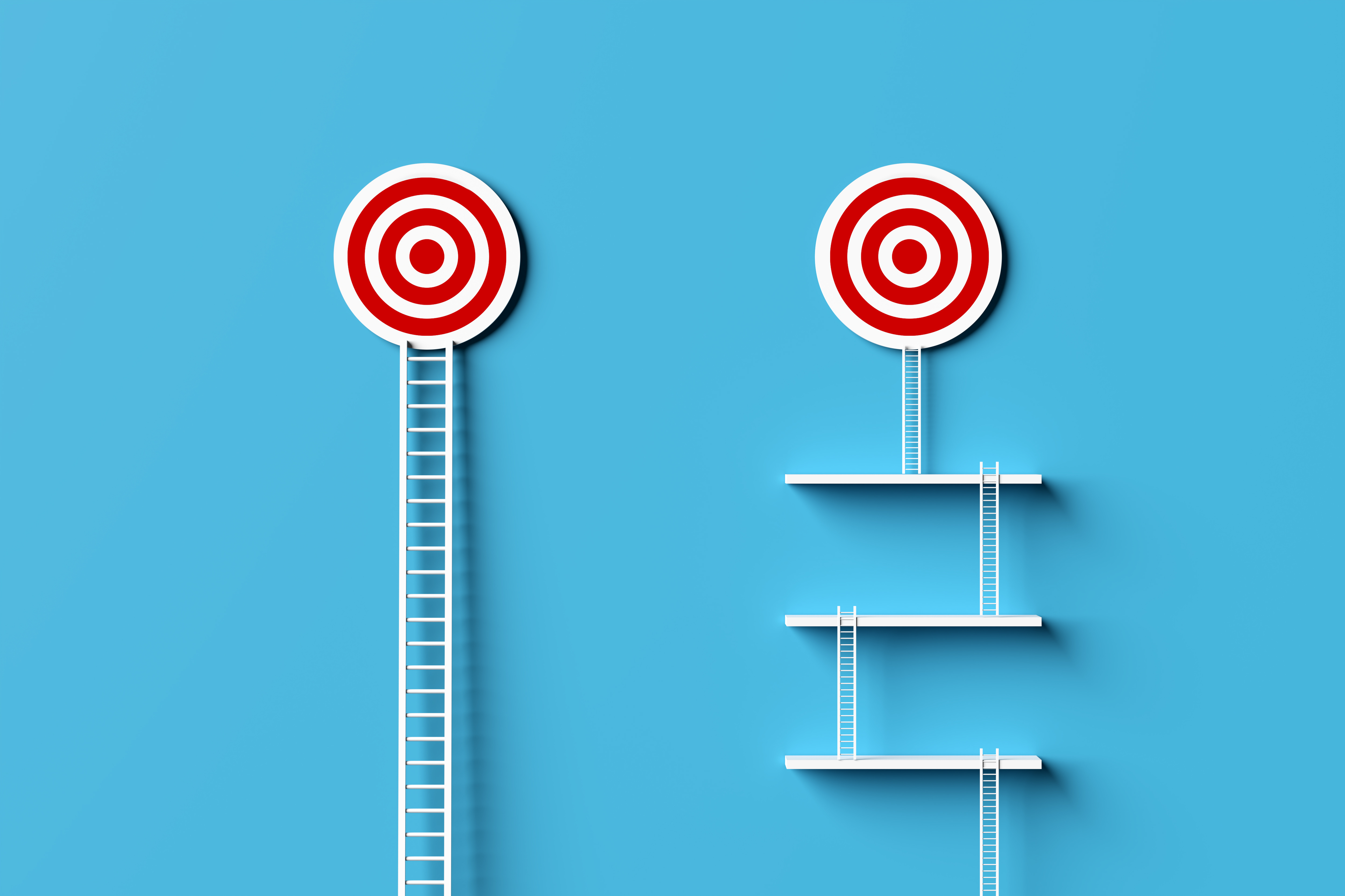 Two red and white targets on a blue background, one reached by a tall single ladder, the other accessed via multiple shorter ladders and platforms. This setup cleverly illustrates different paths to a goal, much like navigating through indirect competitors in a complex market landscape.