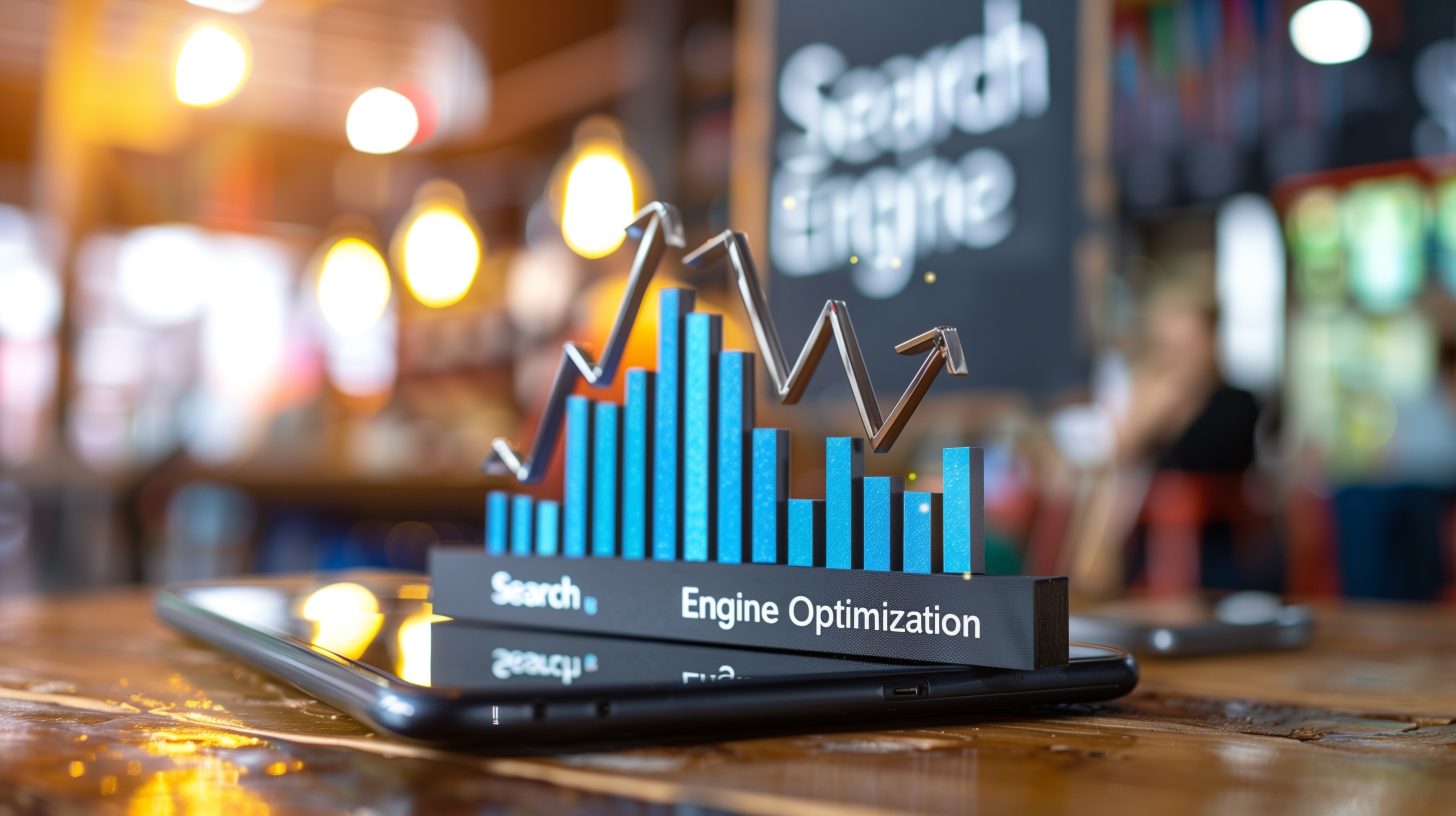 A 3D chart with blue bars and an upward arrow illustrates SEO success on a smartphone, highlighting organic results. In the background, there's a blurred "Search Engine" sign amidst a bustling café scene.