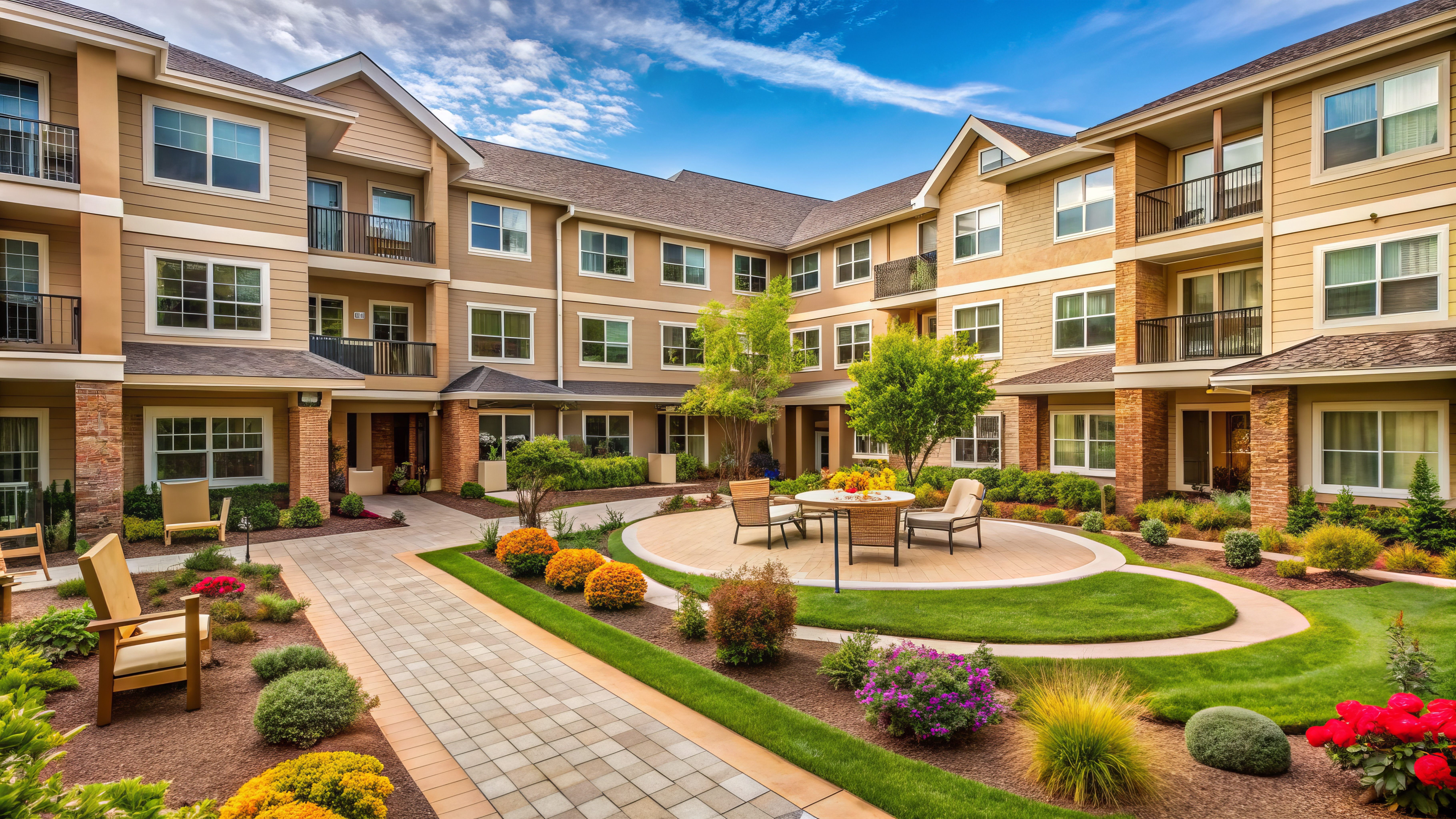 A well-maintained courtyard of a senior living complex features a circular seating area, surrounded by colorful plants and neatly trimmed grass. The multi-story buildings boast large windows, all under a bright blue sky with a few clouds.