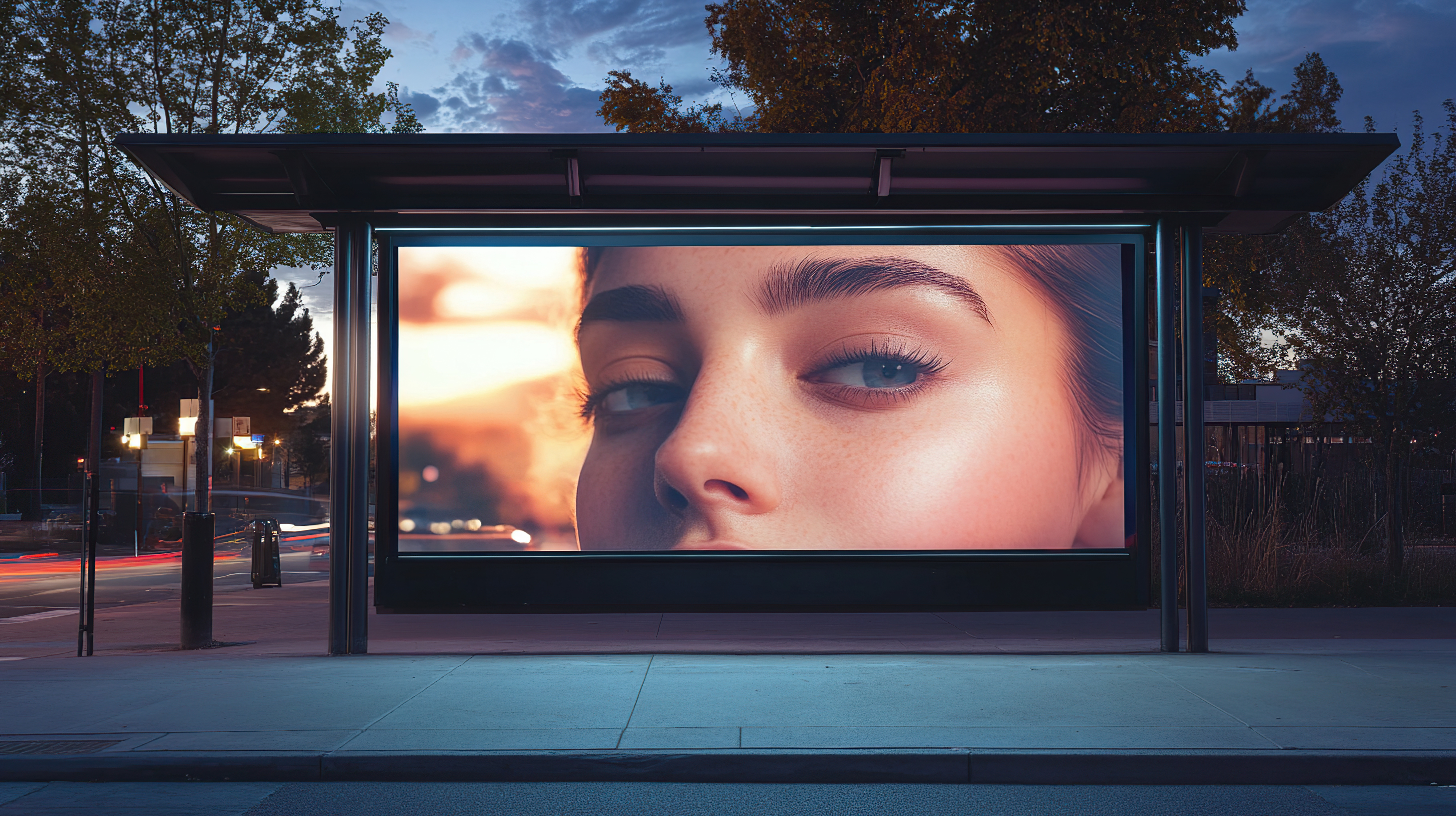 A large advertisement at a bus stop employs guerrilla marketing techniques with a close-up image of a woman's face, focusing on her eye. The background reveals a dimly lit street with trees and blurred car lights, suggesting evening time.