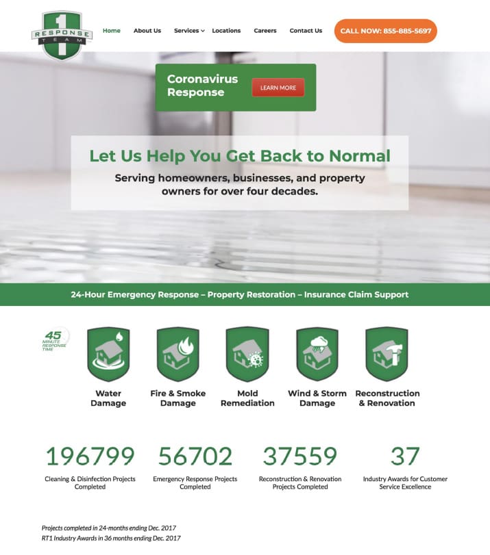 Response Team website interface showcasing services and statistics.