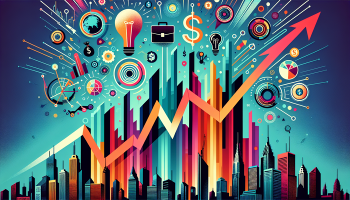 Colorful abstract cityscape with dynamic business growth icons