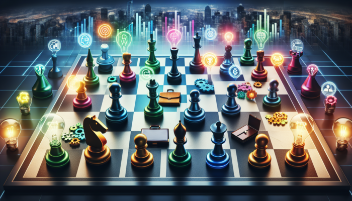 An illustration of strategic planning and flexibility in business, depicting a chessboard with business elements.