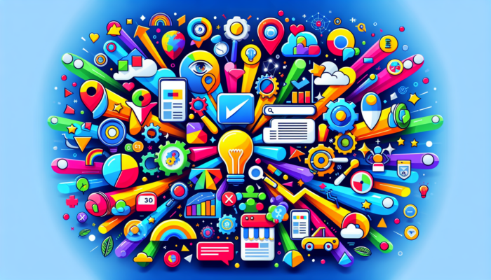 A vibrant illustration featuring a burst of app icons and symbols, including gears, clouds, arrows, and lightbulbs, set against a gradient blue background. The imagery captures the essence of technology, creativity, communication, and search engine marketing.