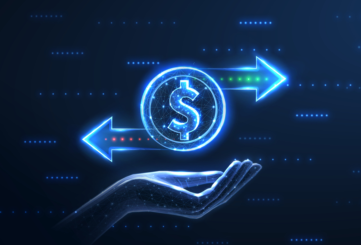 A digital hand appears to hold a glowing dollar sign with two arrows, one red pointing left and one green pointing right, symbolizing financial transactions and competitor strategy. The background is dark with abstract blue light patterns.