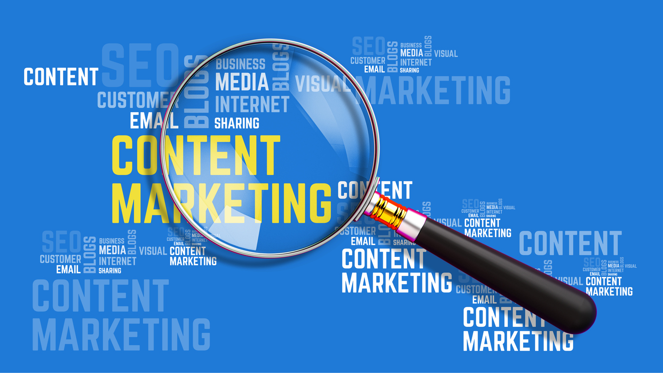 A magnifying glass highlighting the words "Content Marketing" on a blue background, surrounded by terms like SEO, blogs, email, sharing, and media. "Competitor analysis" appears in bold among the scattered words in various sizes and shades of blue and white.