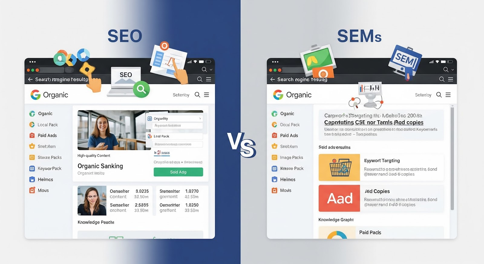 SEO versus SEMs comparison illustration
