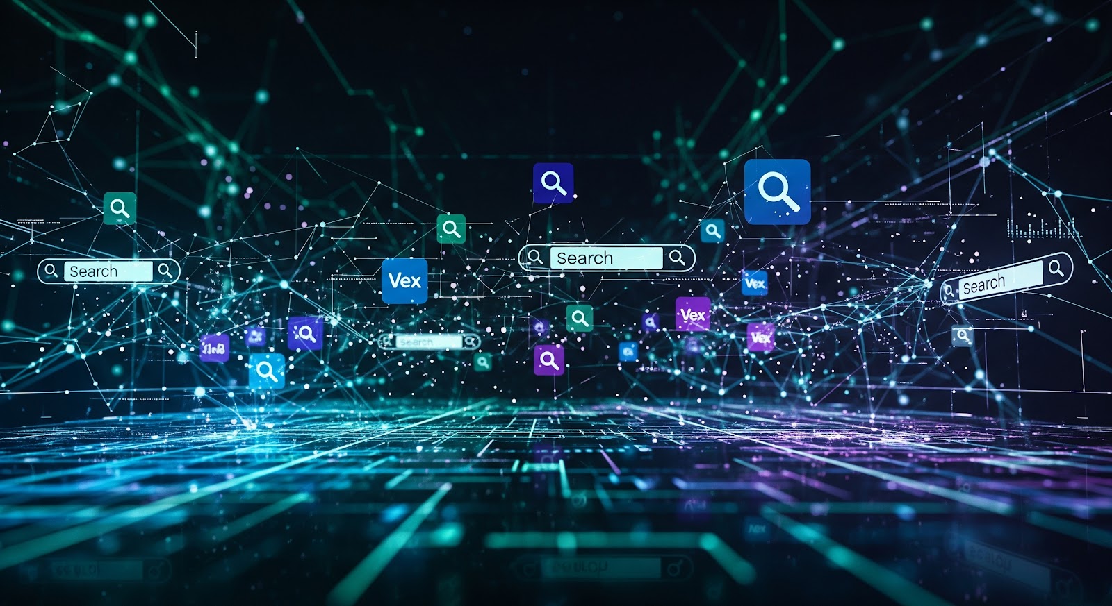 Futuristic digital network with search icons and data.