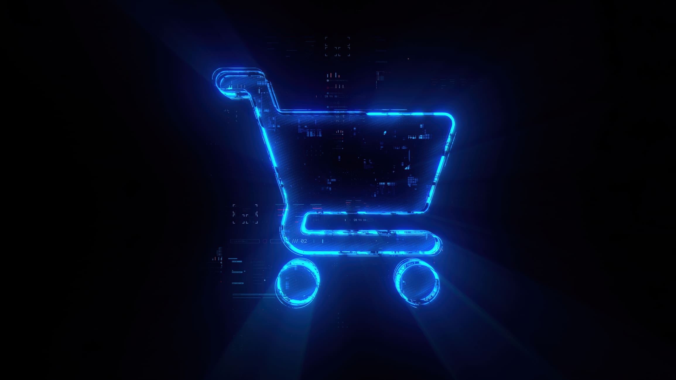 Futuristic blue neon shopping cart on dark background