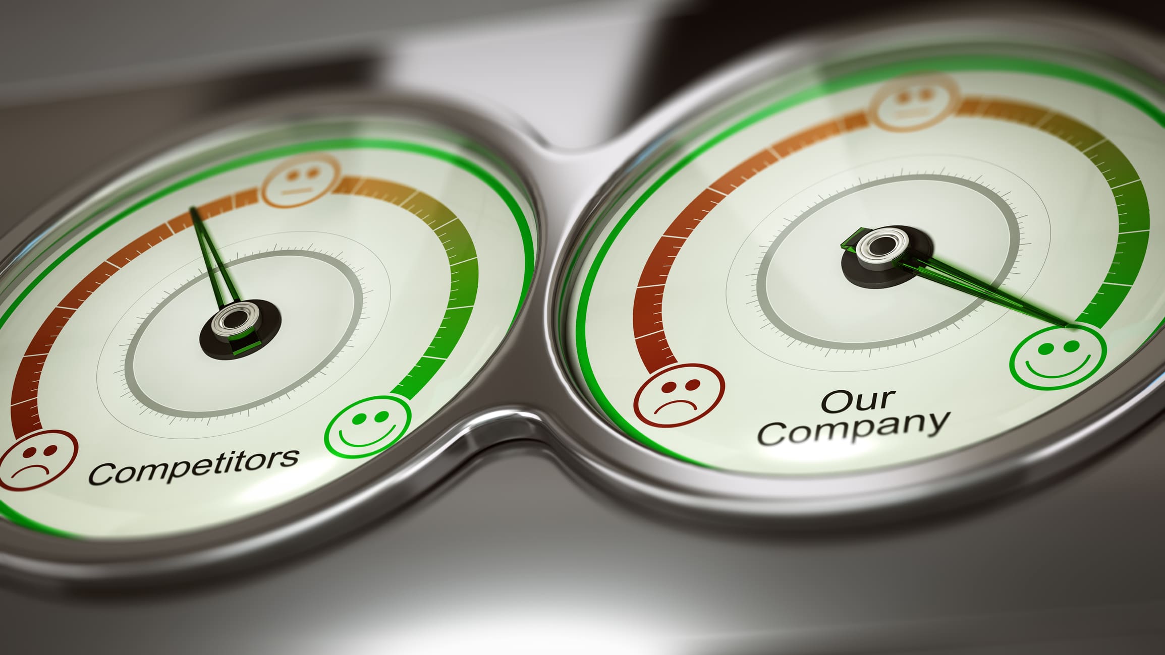 Two gauges labeled "Competitors" and "Our Company" with smiley face indicators illustrate competitor benchmarking. The Competitors gauge points to a sad face, while the Our Company gauge shows a happy face, indicating superior performance compared to competitors.