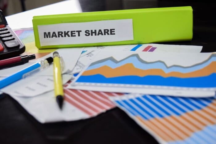 Market share charts and graphs on desk