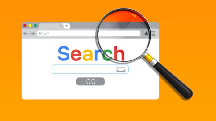 Magnifying glass over web search page illustration.