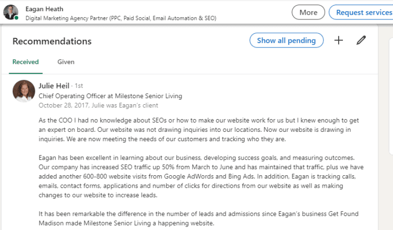 Screenshot of LinkedIn recommendation for a digital marketing agency