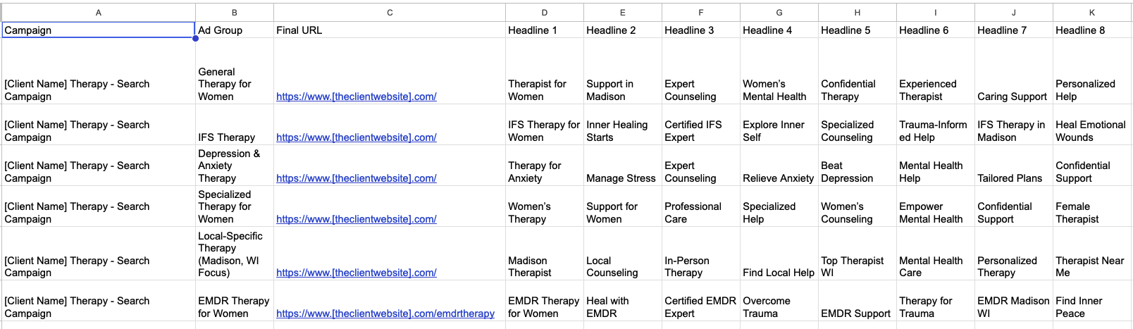 Spreadsheet detailing therapy campaign ad groups and URLs