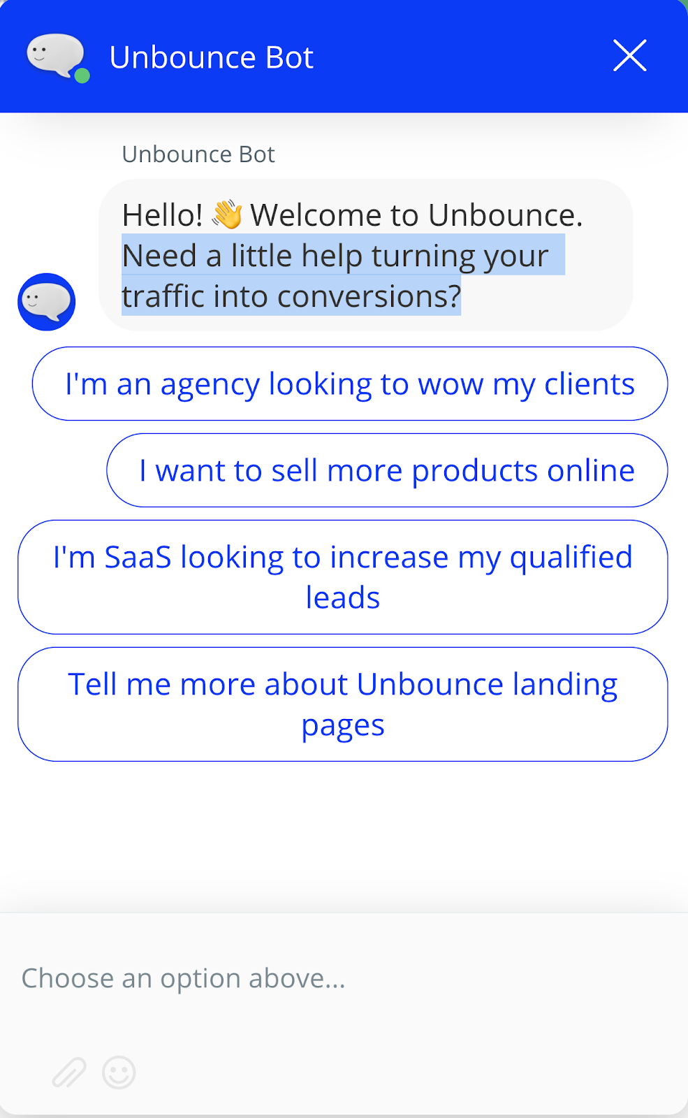 Chatbot interface offering multiple client assistance options