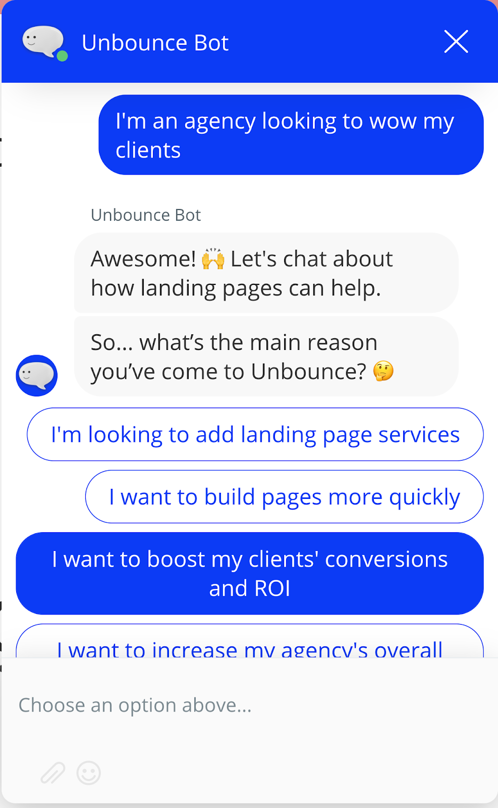 Chatbot interaction discussing landing page services