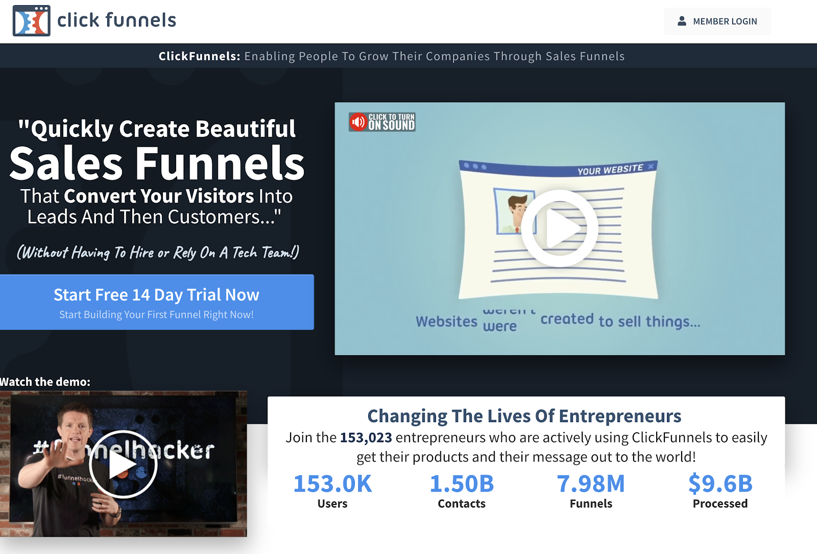 ClickFunnels homepage with sales funnel information and demo video